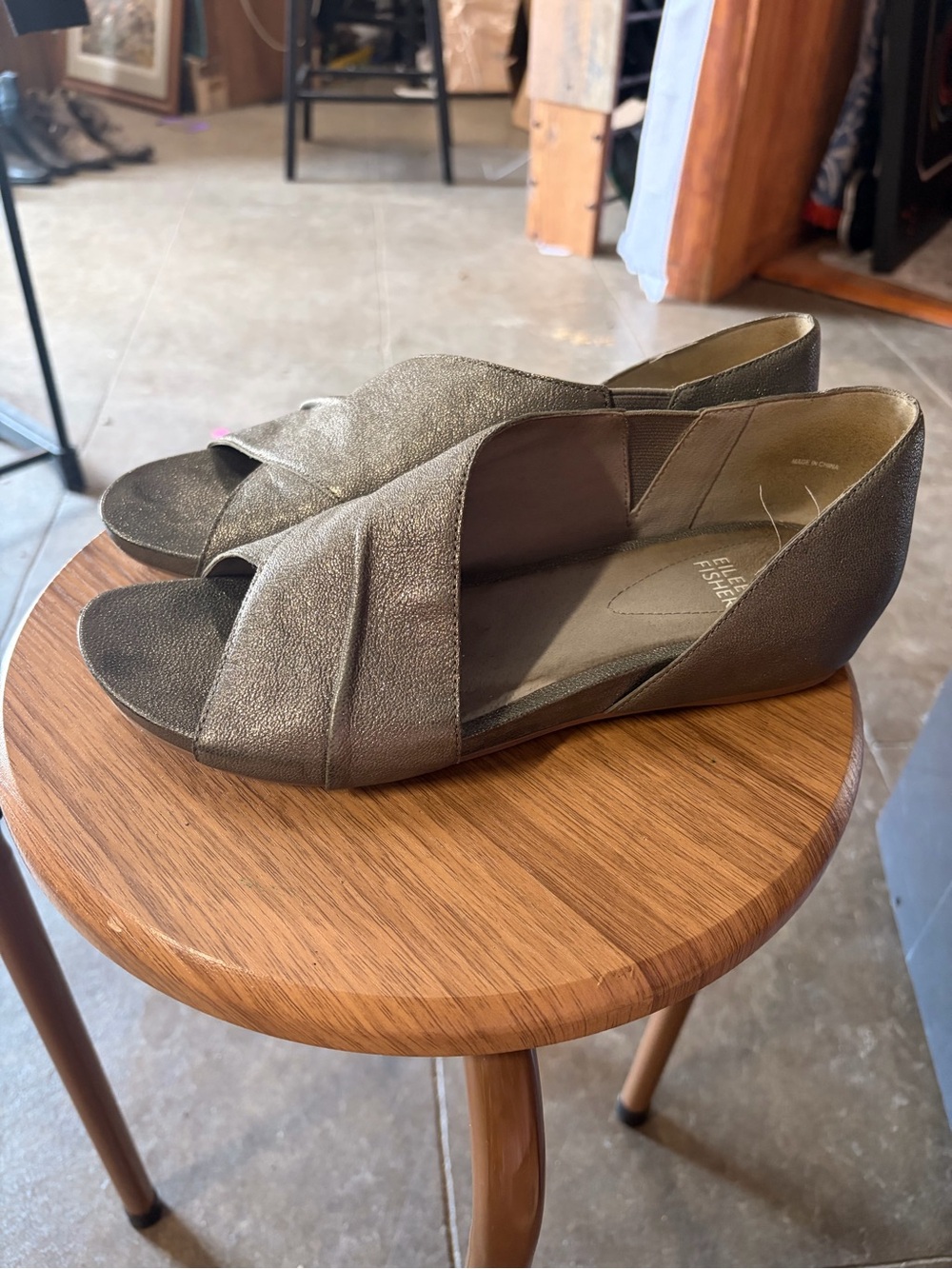 Eileen Fisher Olive Green Open-Toe Wedge Sandals - Picture 2 of 3
